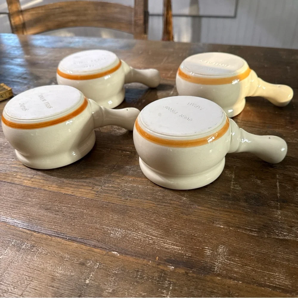 Cream Ceramic Handled Soup Bowls with Orange Trim and Mushroom Design - Set of 4